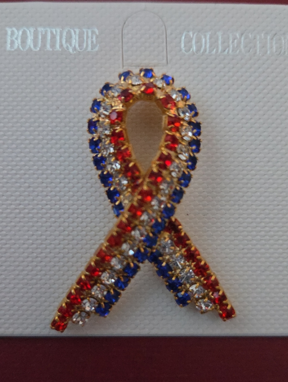Vintage Patriotic Red White & Blue Rhinestone Awareness Ribbon Pin. NWT.